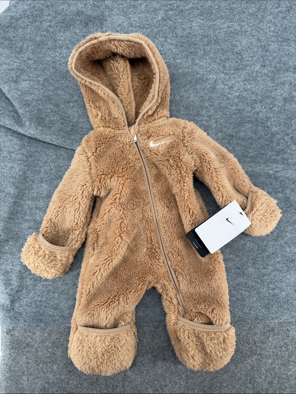 Nike convertible teddy bear Plush Hooded One-Piece in Tan full zip up